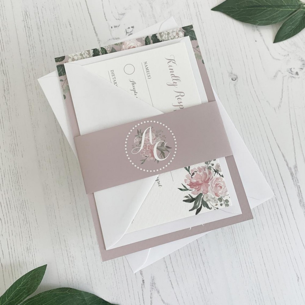 Blush Wedding Invitation with RSVP and Belly band 