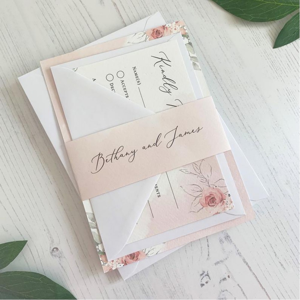 Pink Wedding Invitation Blush Watercolour with RSVP and Belly band