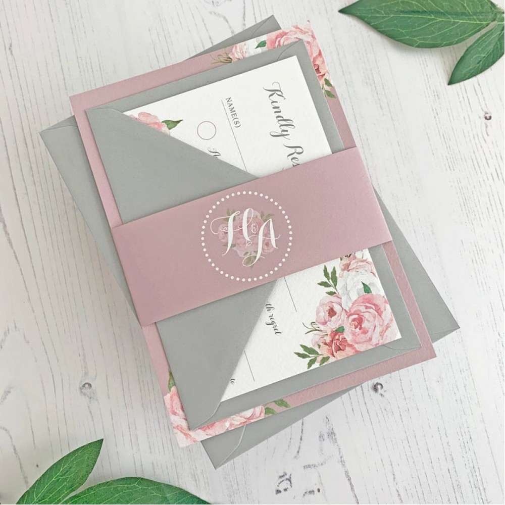 Pink Wedding Invitation set - Invitation with matching RSVP - Floral Wedding Invitation