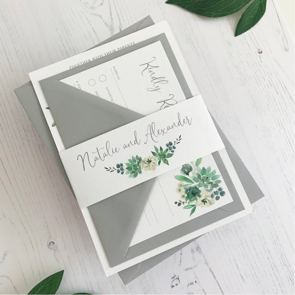 Wedding Invitation - Green Rose Garden Invitations with RSVP Belly Band Suite