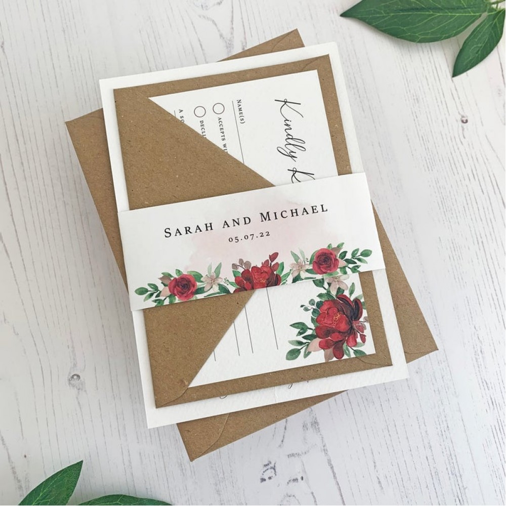 Maroon Red Wedding Invitation Set, Burgundy Flower Wedding Invitations 