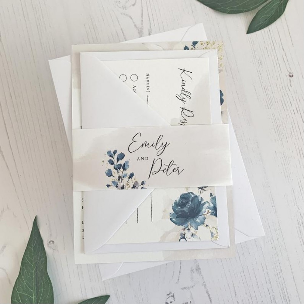 Navy Wedding Invitation Set Blush, Blue Wedding Invitations with Bellyband & RSVP
